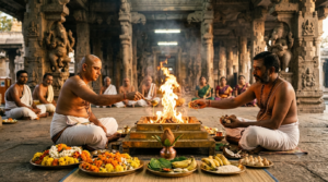 Devotees at a Kanipakam Ganapathi Homam booking, priests performing the fire ritual