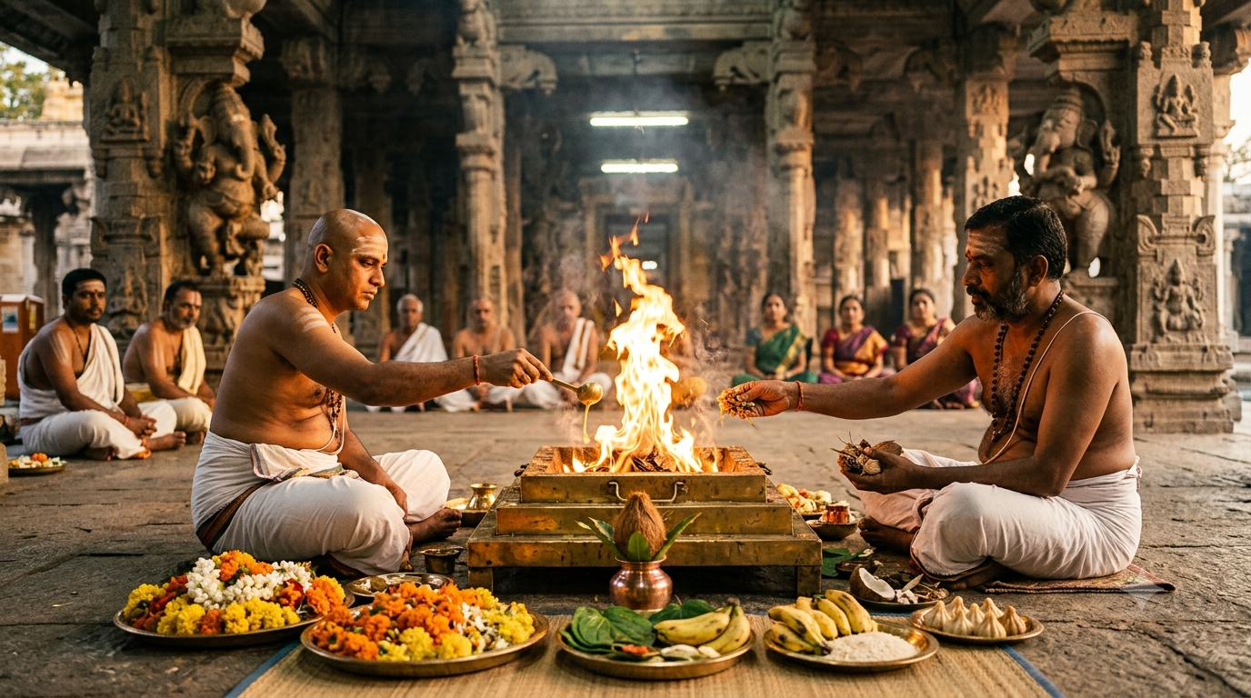 Devotees at a Kanipakam Ganapathi Homam booking, priests performing the fire ritual