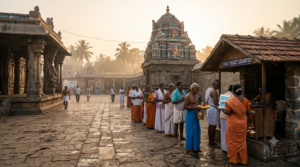 Kanipakam Palabhishekam online booking: devotees with milk near the temple seva counter