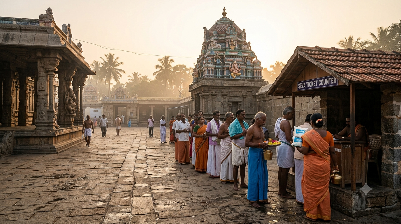Kanipakam Palabhishekam online booking: devotees with milk near the temple seva counter