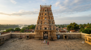 Kanipakam temple timings guide – Varasiddhi Vinayaka gopuram in early morning light with distant devotees
