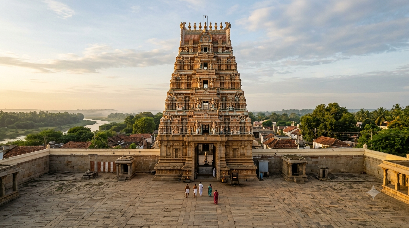 Kanipakam temple timings guide – Varasiddhi Vinayaka gopuram in early morning light with distant devotees