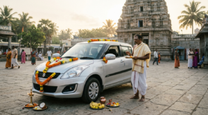 Kanipakam vehicle pooja: a garlanded car blessed by a temple priest outside the Sri Varasiddhi Vinayaka Ganesha shrine.