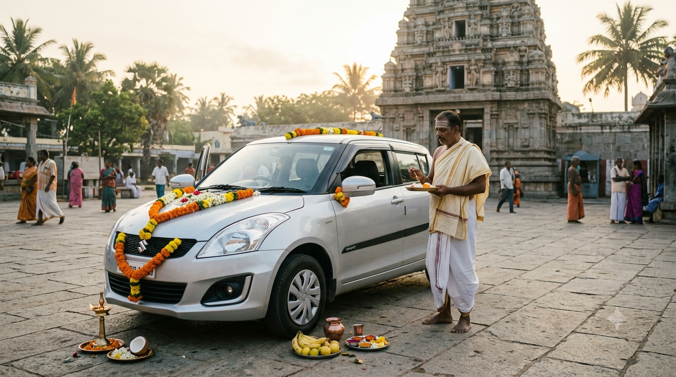 Kanipakam vehicle pooja: a garlanded car blessed by a temple priest outside the Sri Varasiddhi Vinayaka Ganesha shrine.