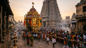 Kanipakam Vinayaka Brahmotsavam festival chariot procession with lamps and garlands