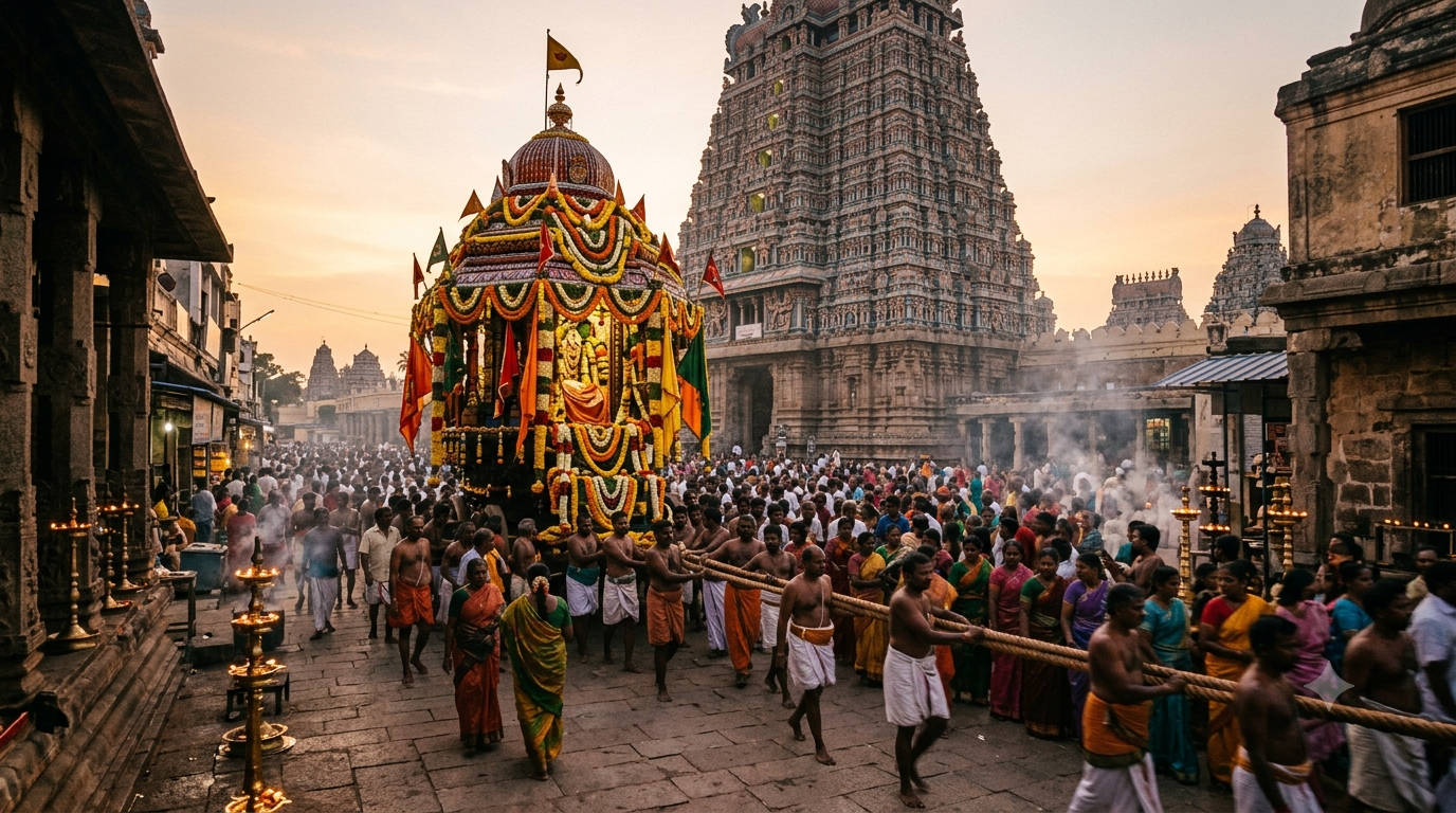 Kanipakam Vinayaka Brahmotsavam festival chariot procession with lamps and garlands