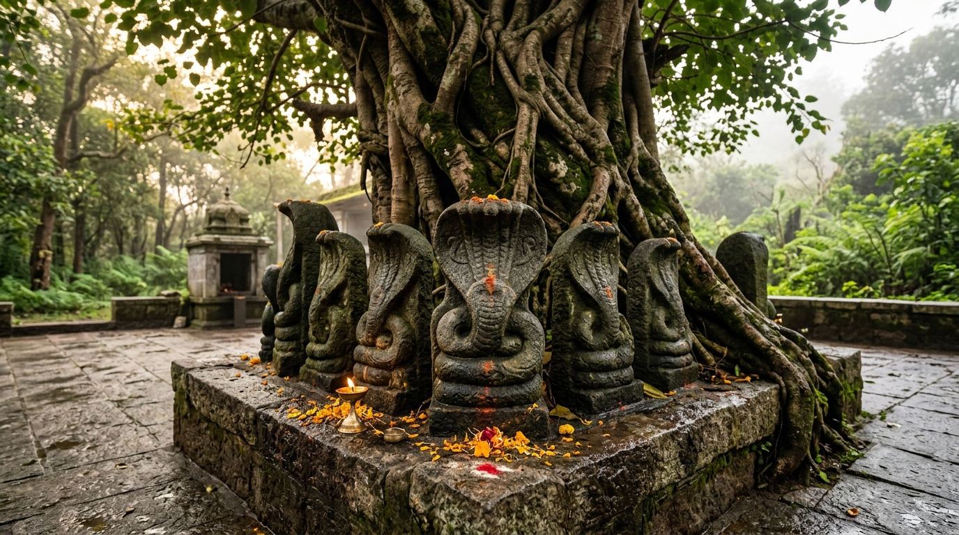 Kukke Naga Pratishta Pooja — carved naga serpent stones at the temple courtyard