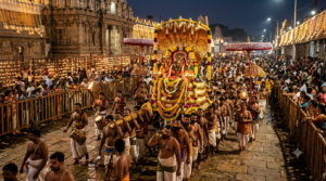 Pedda Sesha Vahanam Tirumala procession on a lamp-lit Mada street at night
