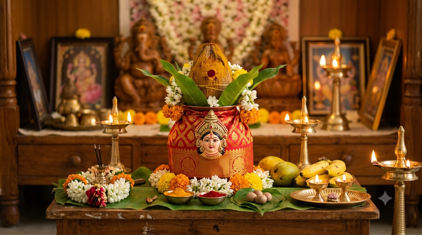Tiruchanur Varalakshmi Vratham kalasham decorated with silk, coconut, mango leaves and lamps