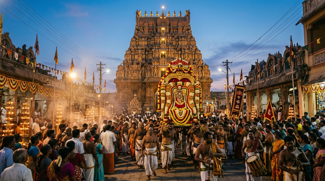Tirumala Brahmotsavam dates 2026 vahana procession on a decorated temple Mada street