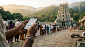 Devotee booking Tirumala Rs 300 darshan tickets online on a phone at the TTD portal