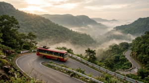 APSRTC Tirumala Darshan bus on the forested Tirupati to Tirumala ghat road