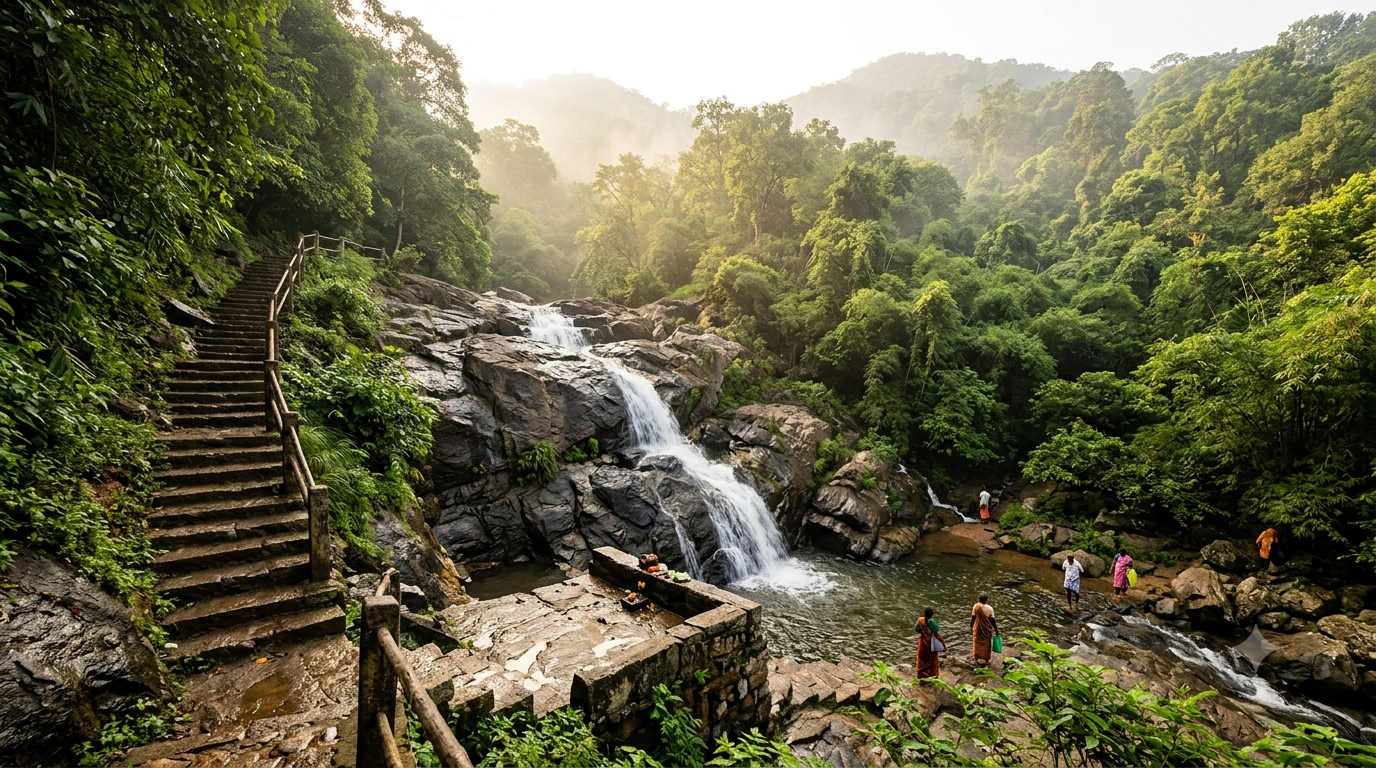 Akasa Ganga Tirumala waterfall over forest rocks with stone steps down to the pilgrim water platform