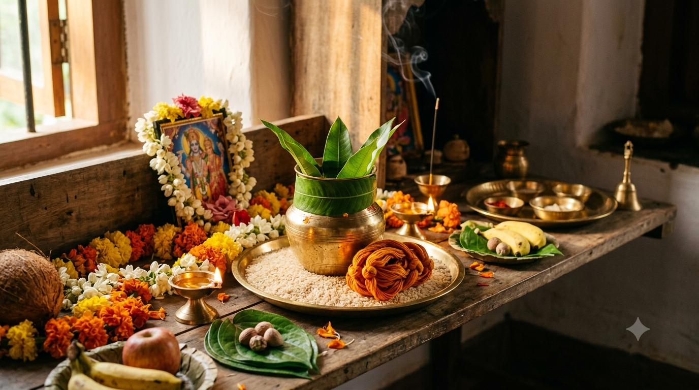 Anantha Padmanabha Swamy Vratham home altar with kalasham, lamps and saffron toram thread