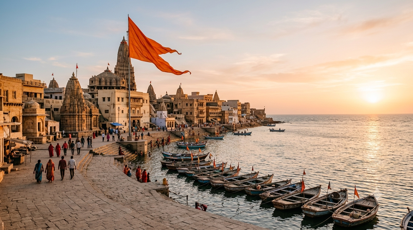 Best time to visit Dwaraka: temple spire and Gomti Ghat at golden hour by the sea