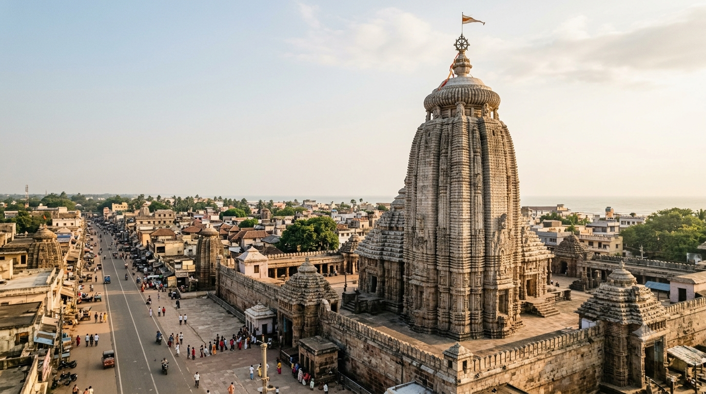Chennai to Puri Temple guide — Jagannath Temple tower rising above Grand Road in Puri, Odisha