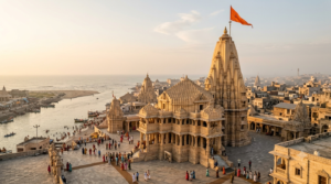 Dwaraka Temple Seva Timings guide – Dwarkadhish Jagat Mandir spire and flag in Dwarka, Gujarat