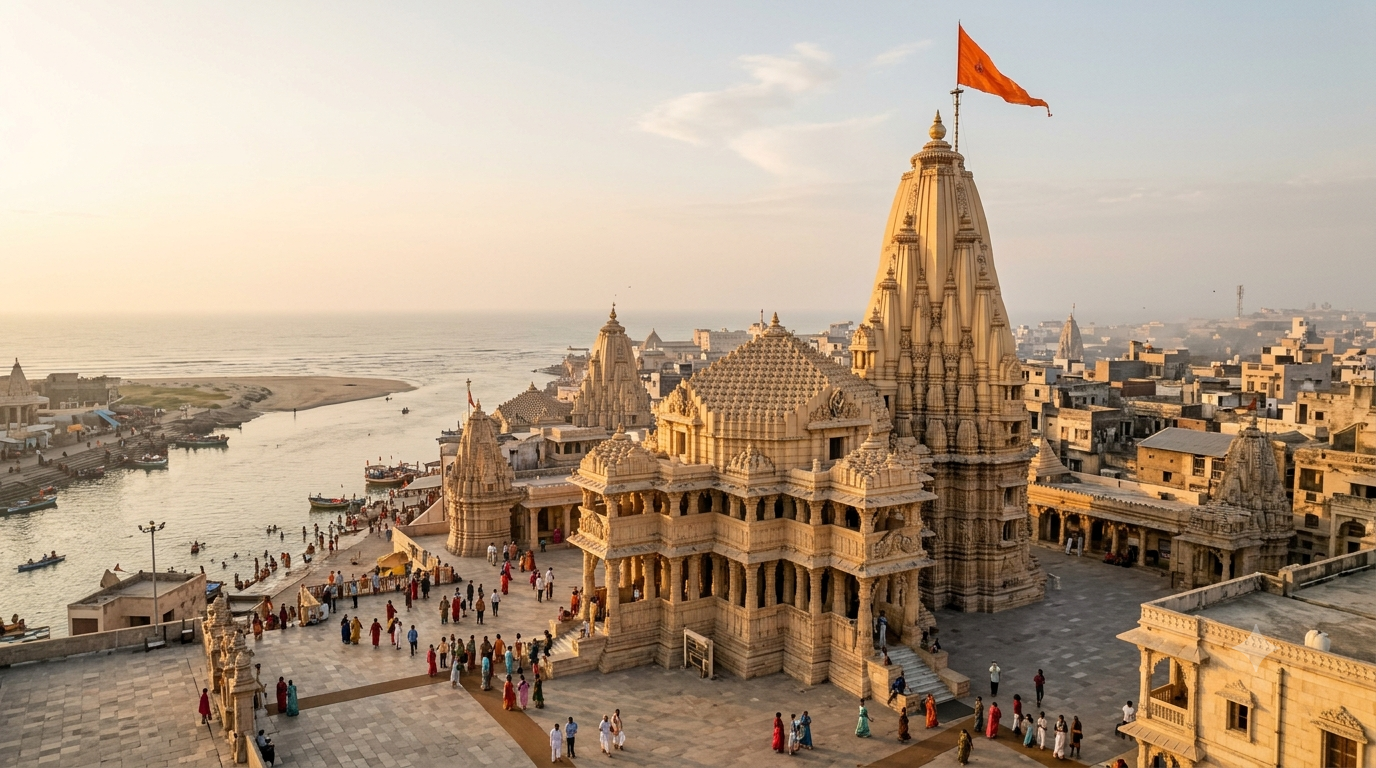 Dwaraka Temple Seva Timings guide – Dwarkadhish Jagat Mandir spire and flag in Dwarka, Gujarat