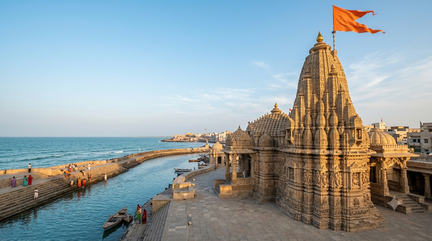 Dwarakadhish Temple Darshan Timings guide - Jagat Mandir shikhara and flag in Dwarka