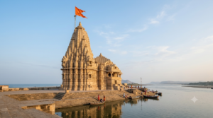 Dwarakadhish temple from Hyderabad guide: tall Jagat Mandir spire with flag over Gomti creek