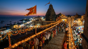 Festivals celebrated in Dwarka temple – pilgrims and lamps on a Janmashtami evening