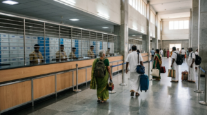 Free luggage lockers in Tirumala at a TTD PAC deposit counter with pilgrims and rows of lockers