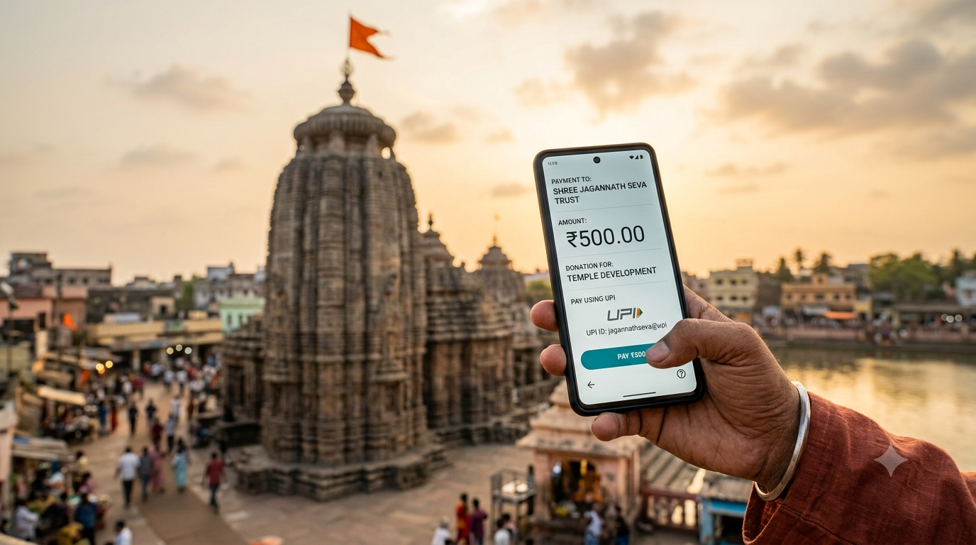 Hand holding a phone making a Jagannath Temple online donation, Puri temple tower behind