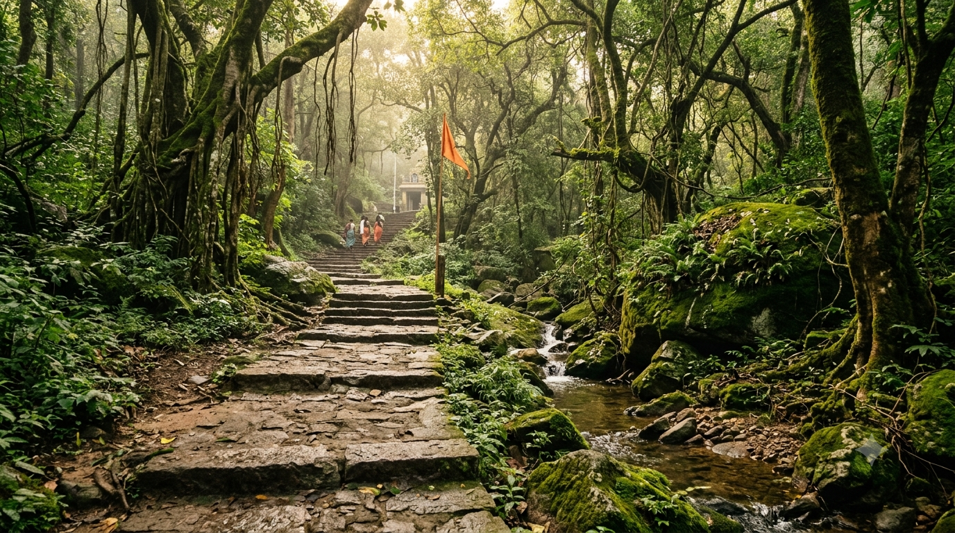 Japali Hanuman Temple forest trail and steps in the Seshachalam hills near Tirumala