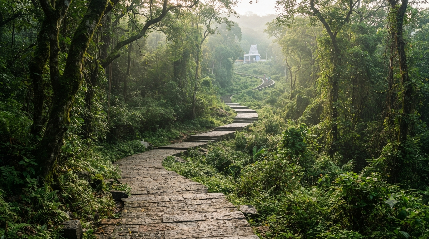 Forest steps on the route to Japali Hanuman Temple timings and darshan near Tirumala