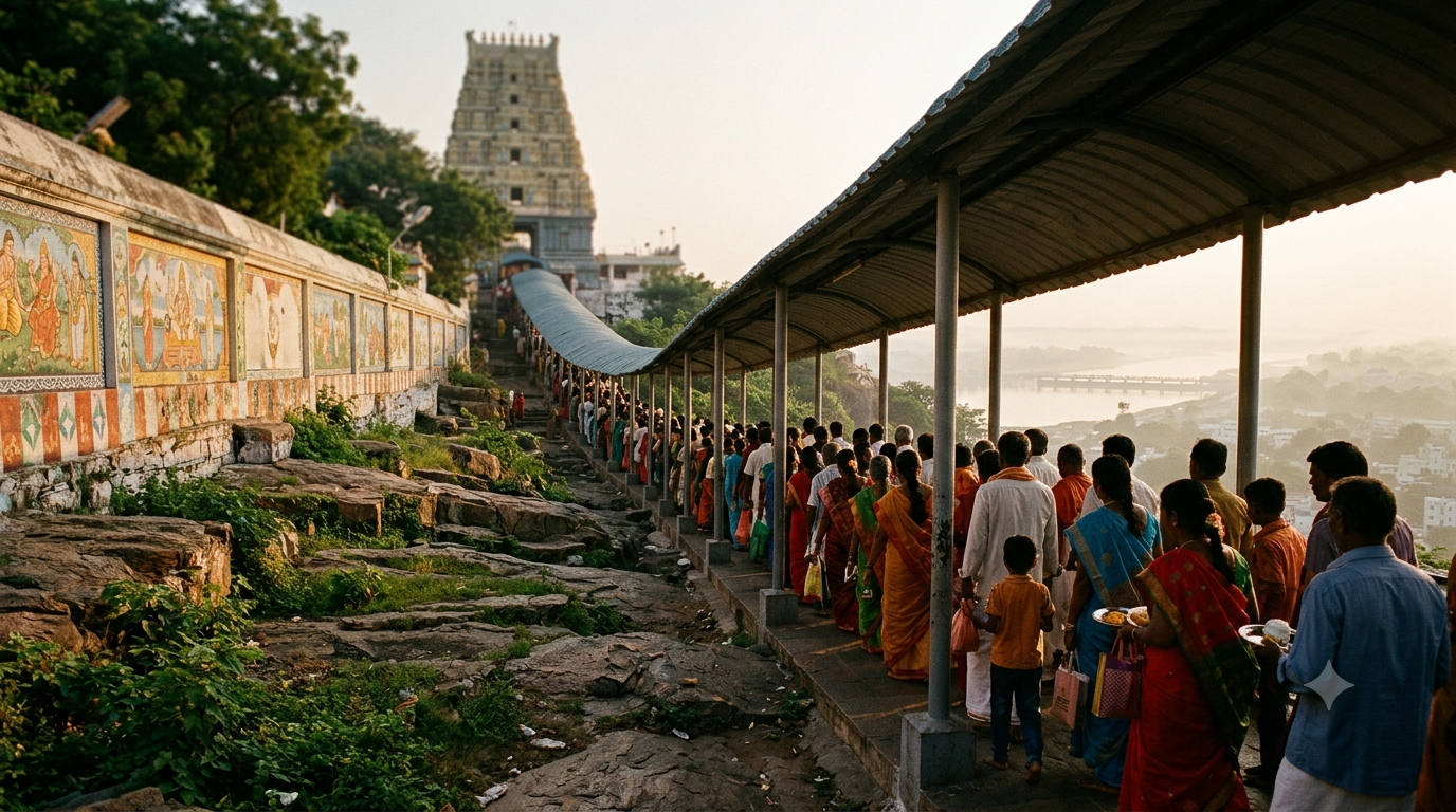 Kanaka Durga Temple darshan queue on Indrakeeladri Hill, Vijayawada