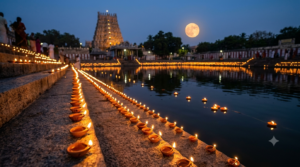 Karthika Pournami date deepam lamps glowing on a temple ghat at dusk