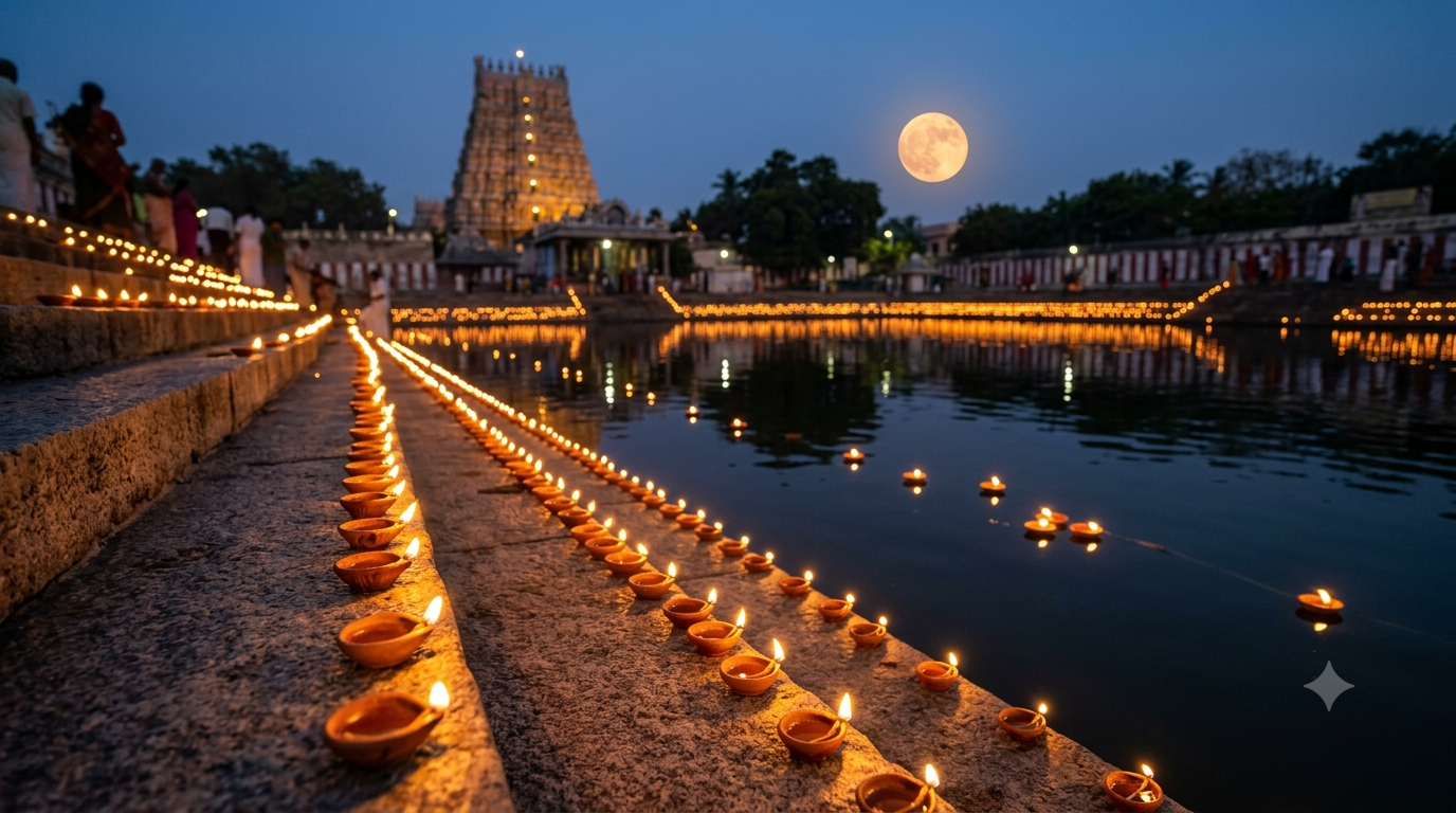 Karthika Pournami date deepam lamps glowing on a temple ghat at dusk