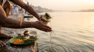 Mahalaya Pitru Paksha date 2026 tarpan offering with water and sesame at a river ghat