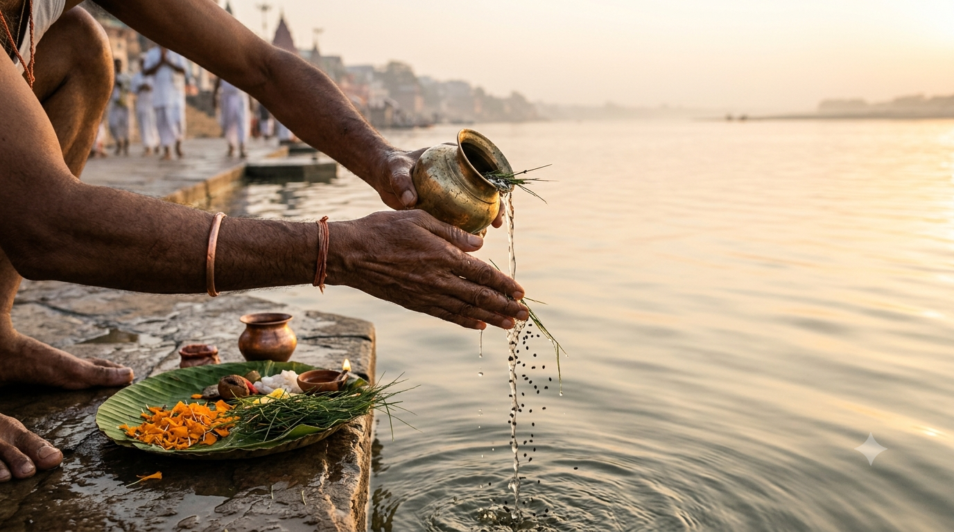 Mahalaya Pitru Paksha date 2026 tarpan offering with water and sesame at a river ghat