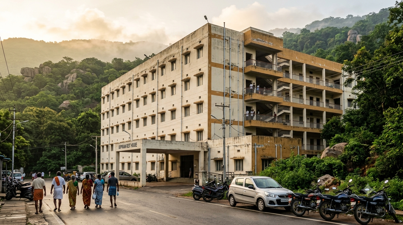 Nandakam rooms in Tirumala: TTD pilgrim guest house block with devotees at the entrance
