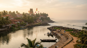 Places to visit in Dwarka - temple spire over Gomti Ghat and the Arabian Sea coast