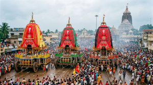Puri Jagannath Ratha Yatra chariots pulled along the Grand Road by crowds of pilgrims