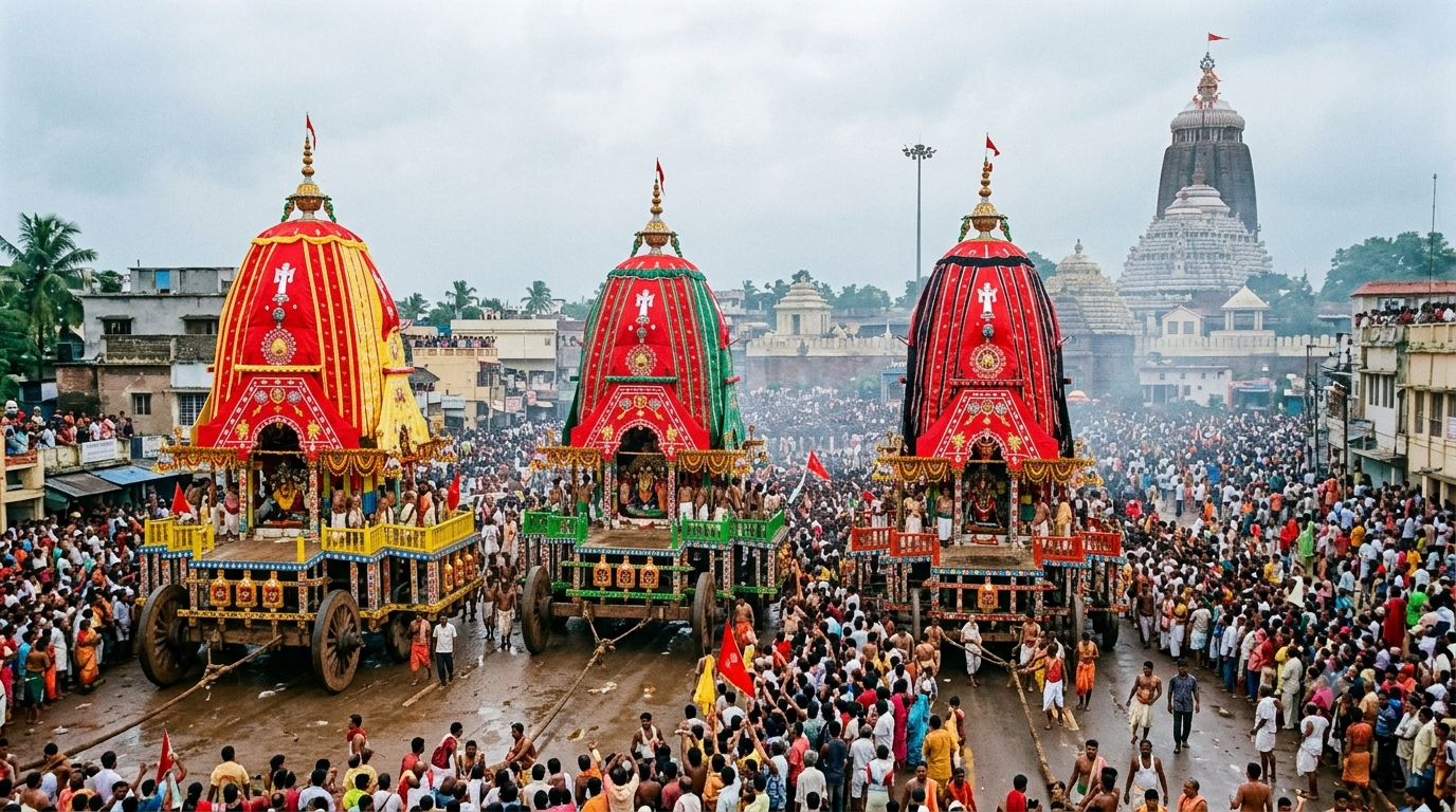Puri Jagannath Ratha Yatra chariots pulled along the Grand Road by crowds of pilgrims