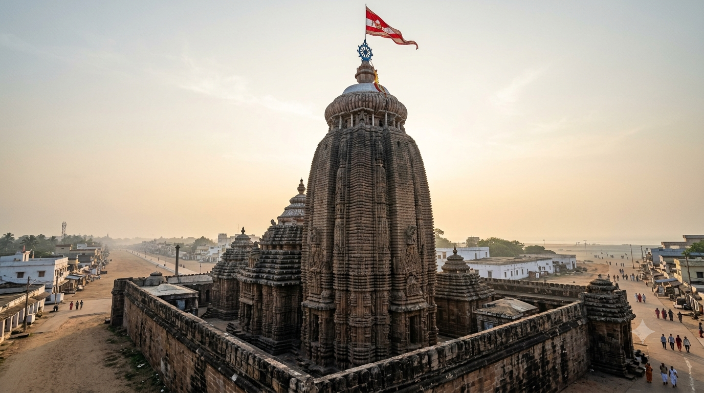 Puri Jagannath Temple timings guide: Kalinga-style temple tower at dawn above Puri Grand Road