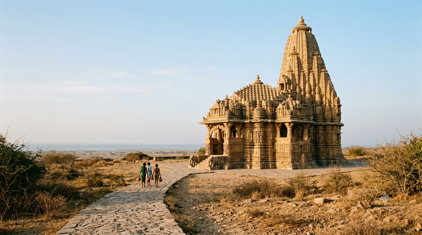 Rukmini Devi Temple Dwarka carved Nagara-style shrine in soft morning light