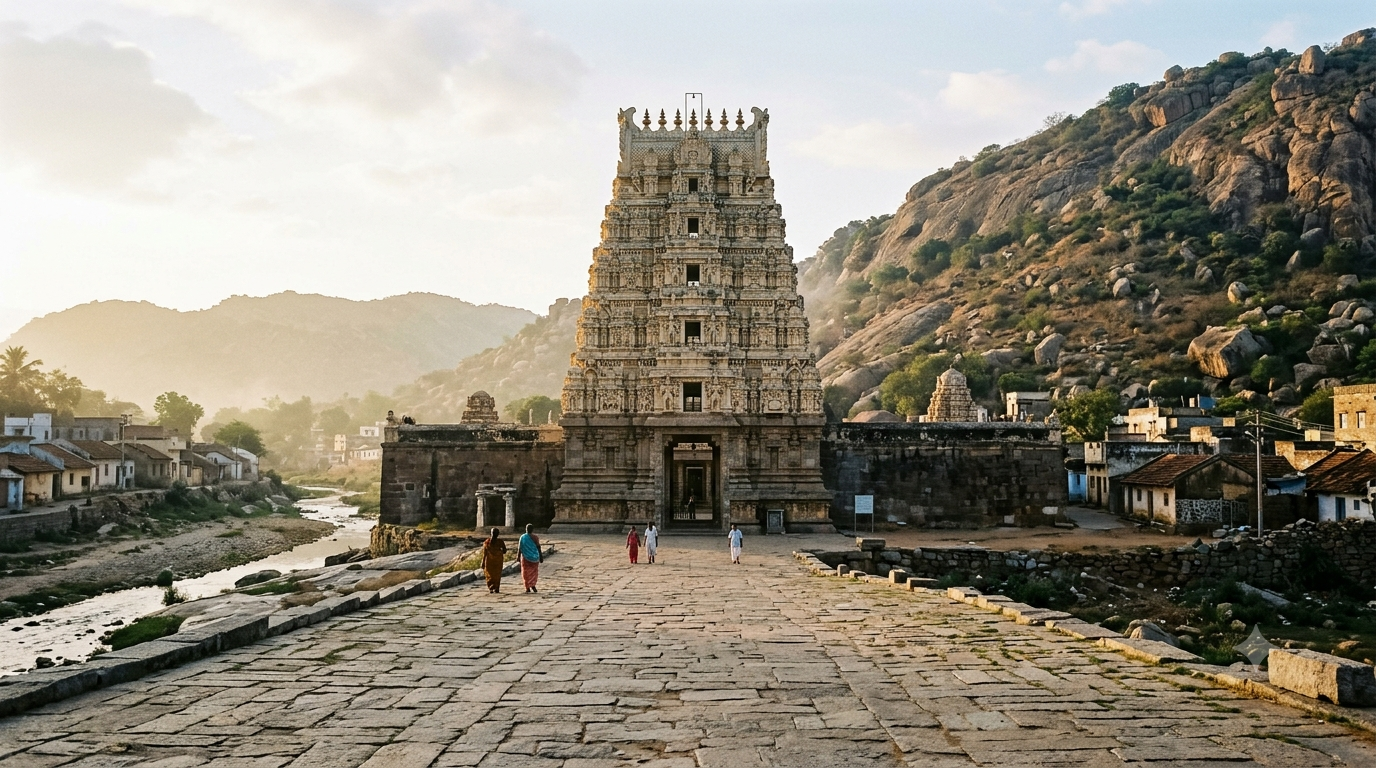 Srikalahasthi Temple darshan timings guide showing the Raja Gopuram and pilgrim queue at dawn