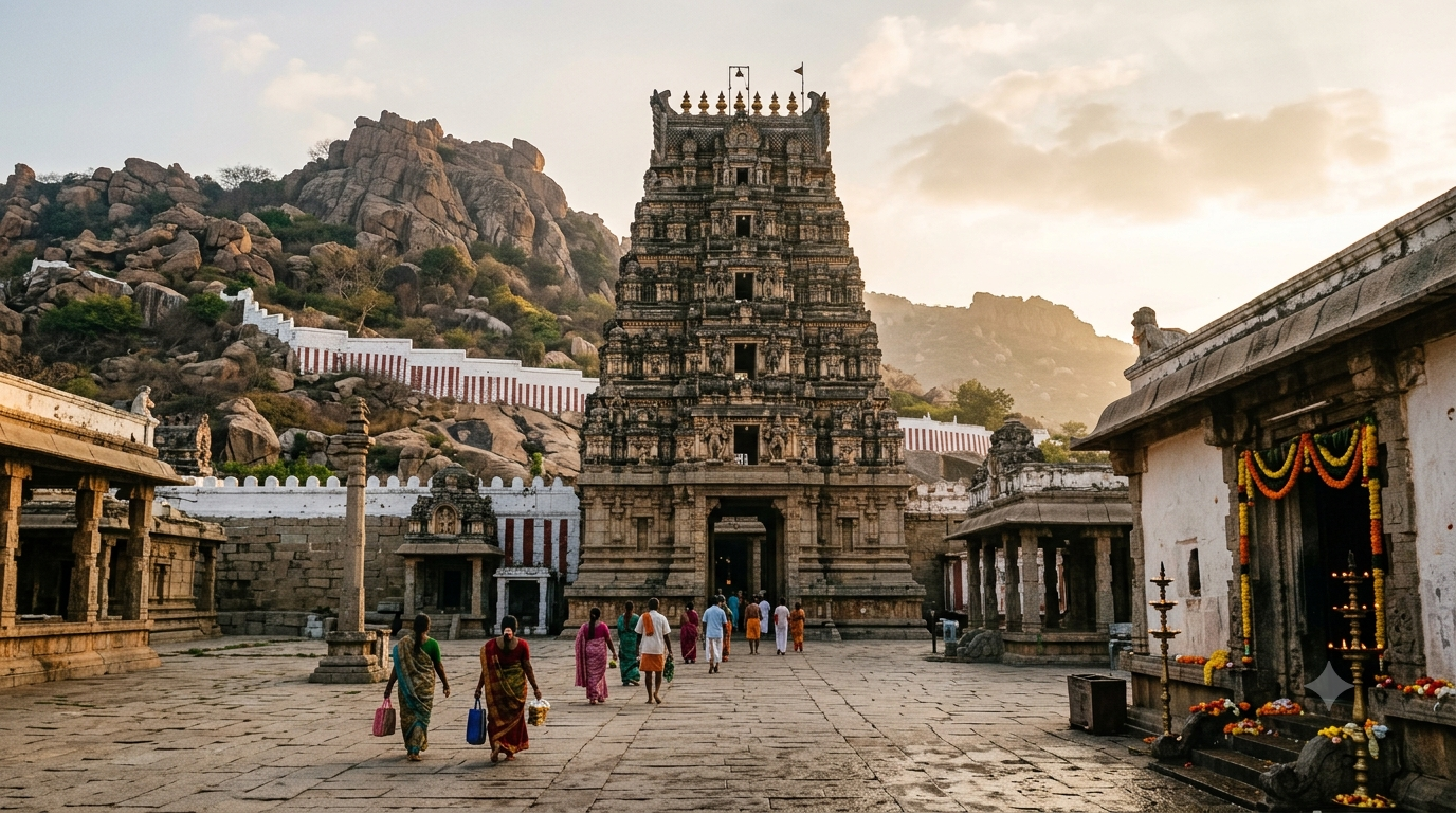 Srikalahasti Rahu Ketu Pooja pilgrims at the carved stone gopuram of Sri Kalahasteeswara temple at sunrise