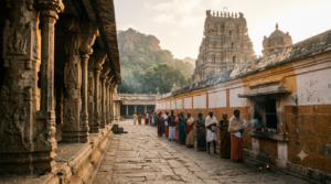 Srikalahasti Sarpa Dosha Pooja ticket counter queue at the Devasthanam entrance