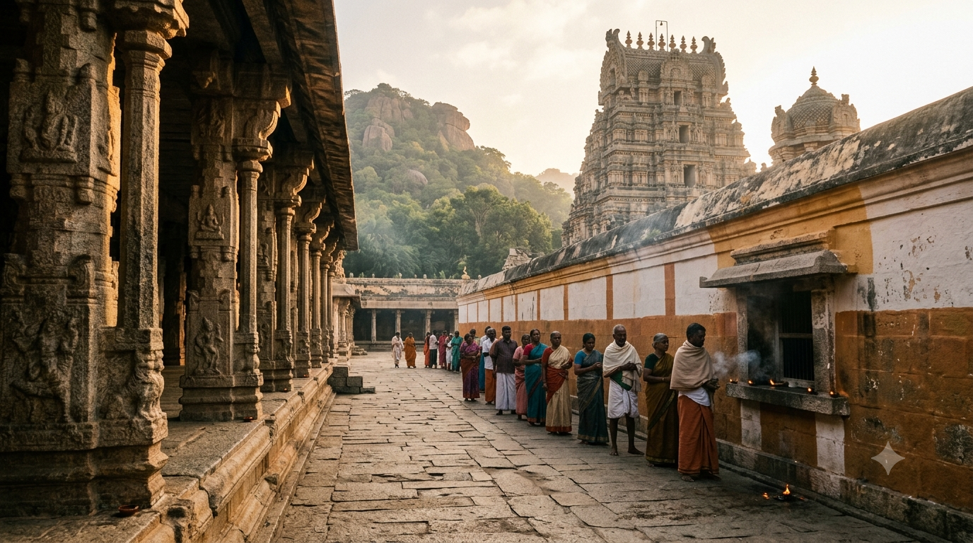 Srikalahasti Sarpa Dosha Pooja ticket counter queue at the Devasthanam entrance