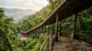 Srivari Mettu footpath timings guide — covered stone steps climbing toward Tirumala hills