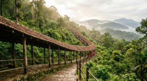 Srivari Mettu free bus drop point and covered stone footpath steps leading up the forested hills to Tirumala temple