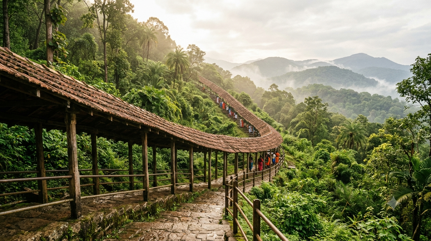 Srivari Mettu free bus drop point and covered stone footpath steps leading up the forested hills to Tirumala temple