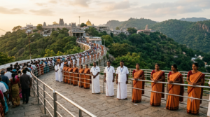 Srivari Seva online registration volunteers in uniform serving pilgrims at Tirumala