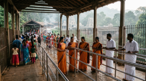 Srivari Seva online registration volunteers guiding pilgrims in queue lines at Tirumala