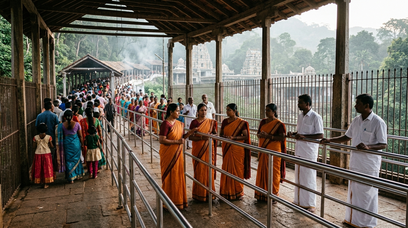 Srivari Seva online registration volunteers guiding pilgrims in queue lines at Tirumala